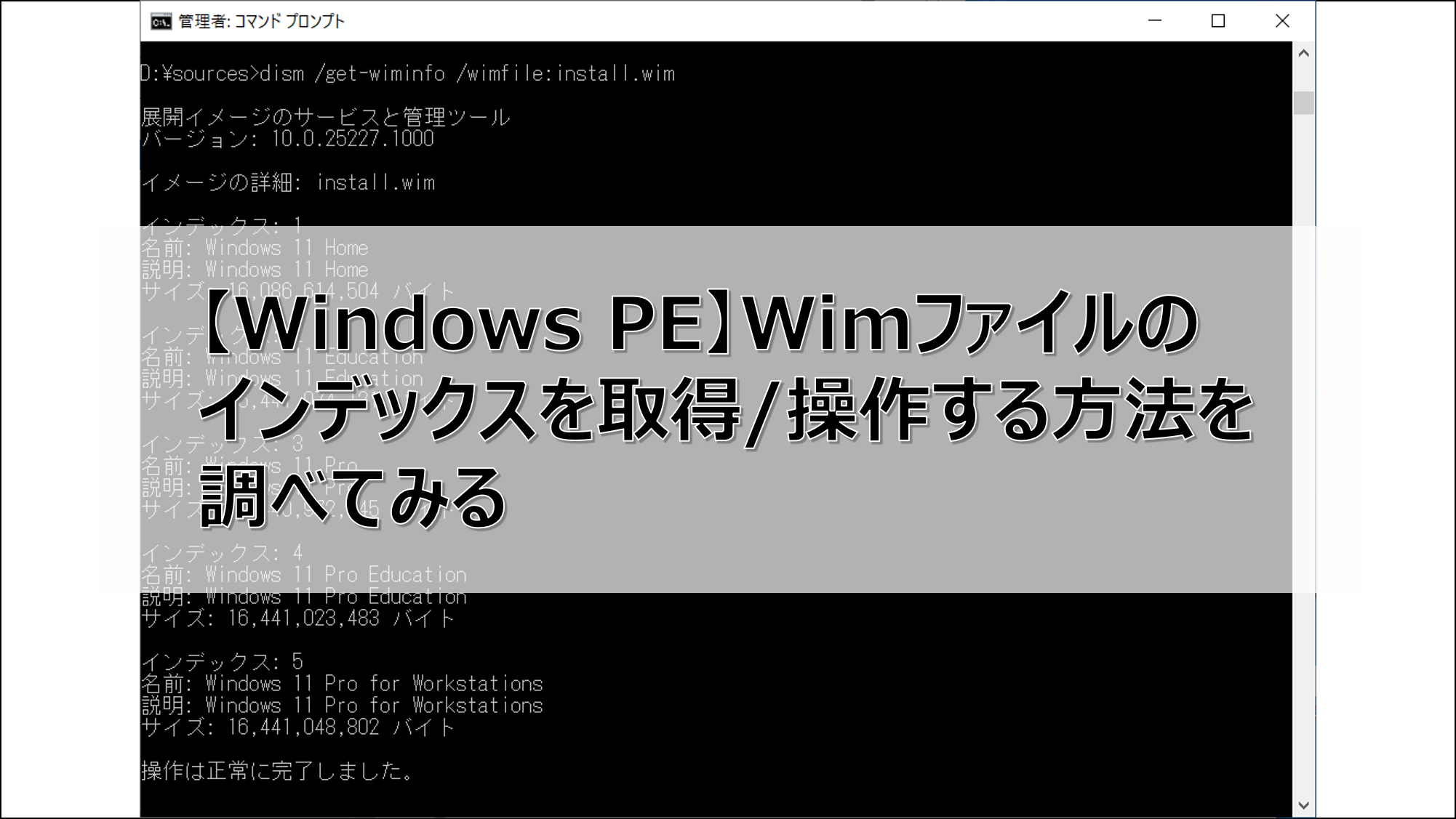【Windows PE】Wimファイルのインデックスを取得/操作する方法を調べてみる